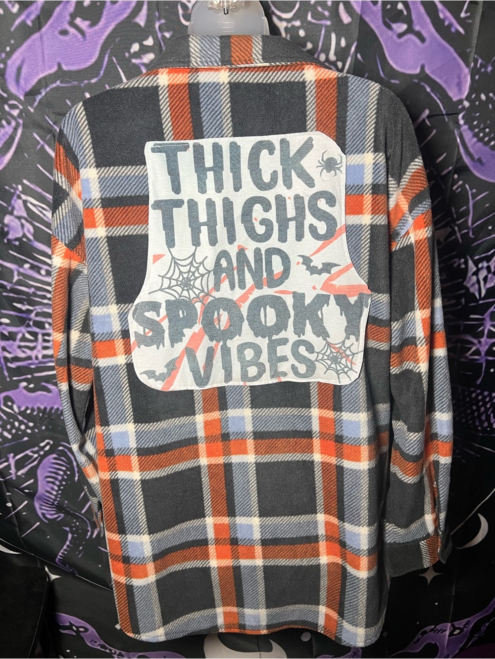 NWOT Women’s Plaid Shirt Jacket - Orange & Gray "Thick Thighs and Spooky Vibes"